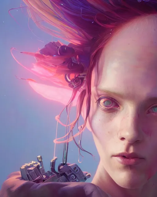 Image similar to highly detailed surreal vfx portrait of a postcyberpunk fairy, stephen bliss, unreal engine, greg rutkowski, loish, rhads, beeple, makoto shinkai and lois van baarle, ilya kuvshinov, rossdraws, tom bagshaw, alphonse mucha, global illumination, detailed and intricate environment