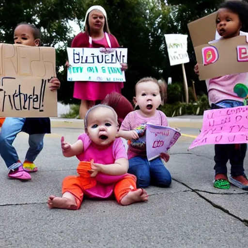 Image similar to babies protesting in front of a daycare center