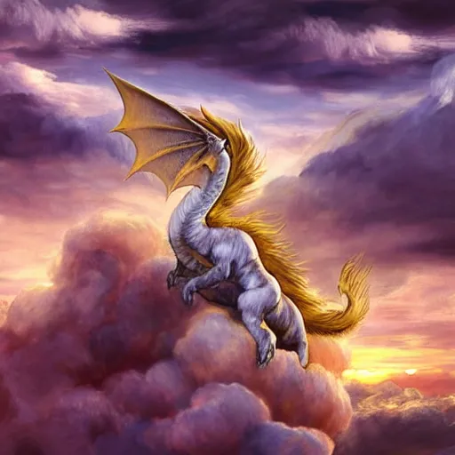 Prompt: white Luck dragon sitting on the cumulous and cirrostratus clouds, playing a large harp, never ending story, hyper realistic fur, illustration, concept art, artstation, yellow lighting from right, sunset, reflections, heartwarming, peaceful, 4k, art of ILM, style of trending artstation, by Eugène Delacroix, John Constable, J M W Turner, Romanticism