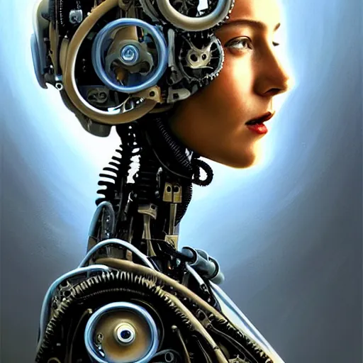 Image similar to portrait of the beautiful young robotic pilot of jets, surreal, fantasy, intricate, mechanical, elegant, dramatic lighting, emotionally evoking symbolic metaphor, highly detailed, gears, lifelike, photorealistic, digital painting, painterly, artstation, concept art, smooth, head in focus, sharp focus, background aerial battle, illustration, art by John Collier and Krenz Cushart and Artem Demura and Alphonse Mucha and Albert Aublet,