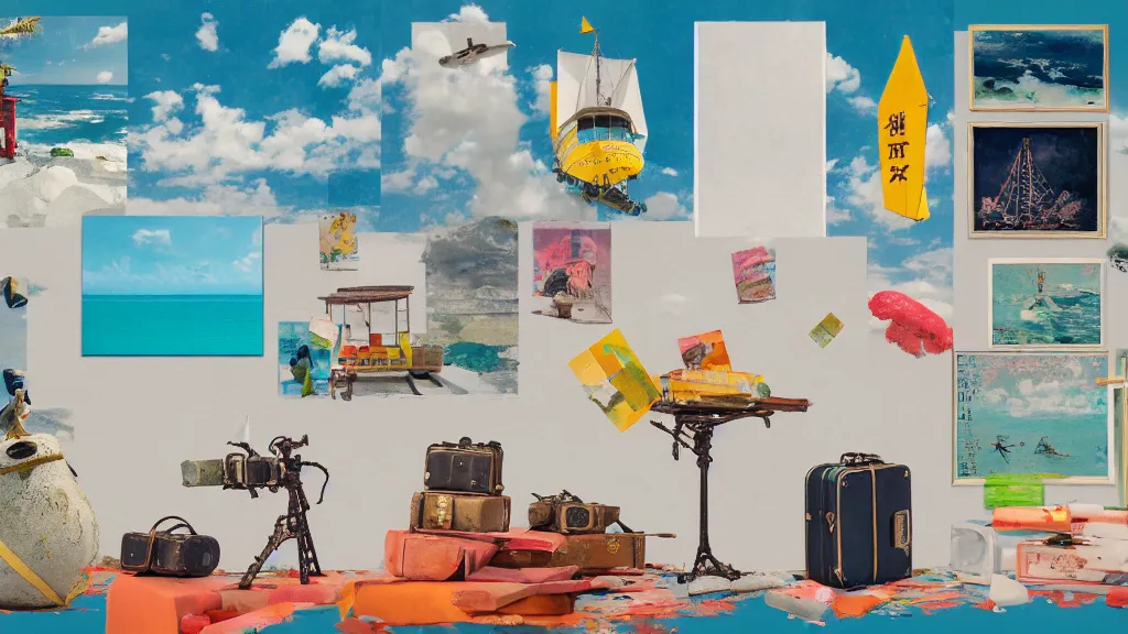 Image similar to an arrangement of explorer traveller props, okinawa japan, a collage painting, in the style of wes anderson, lola dupre, david hockney, isolated on negative white space background dark monochrome neon spraypaint accents volumetric octane render