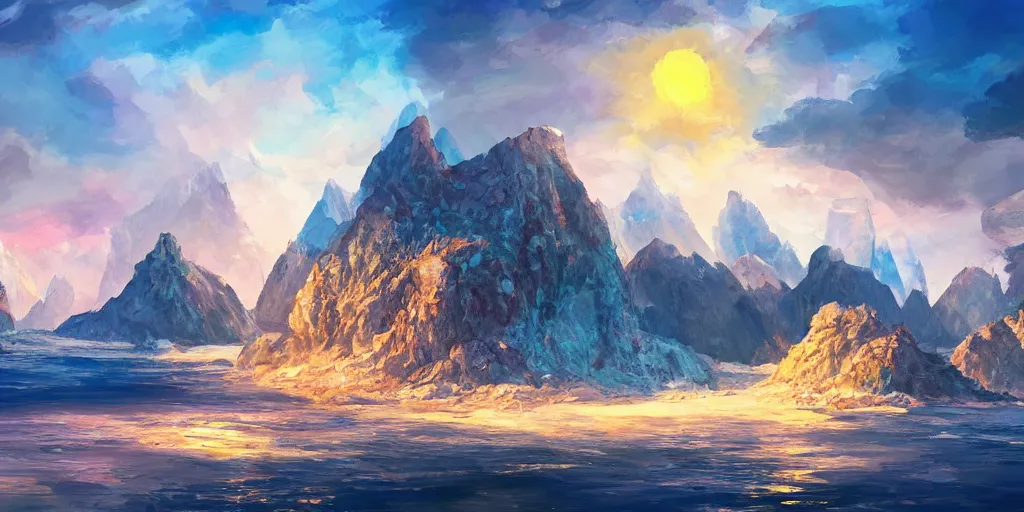 Prompt: salt covered islands surrounded by colourful rugged crystal quartz mountains, illustration, bright sunlight, sun glints, sunrays, digital art, oil painting, fantasy, 8 k, trending on artstation, detailed