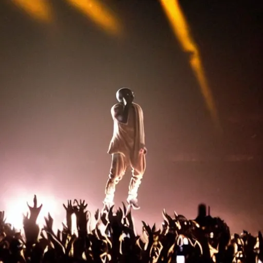 Prompt: The body of Kanye West rising high into the sky in a beam of light at the end of a concert