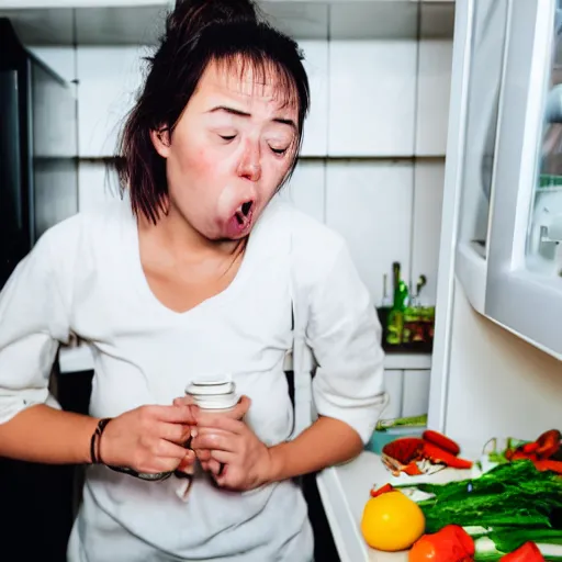 Prompt: photograph of a young woman who looks ill coughing into the open refrigerator, taken with canon eos 5 d,