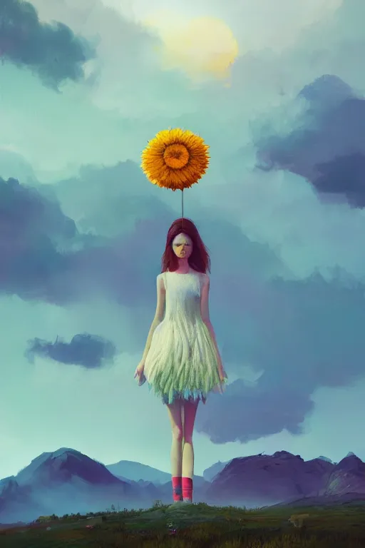 Image similar to giant daisy flower head, girl walking in the mountains, surreal photography, sunrise, dramatic light, impressionist painting, colorful clouds, digital painting, artstation, simon stalenhag