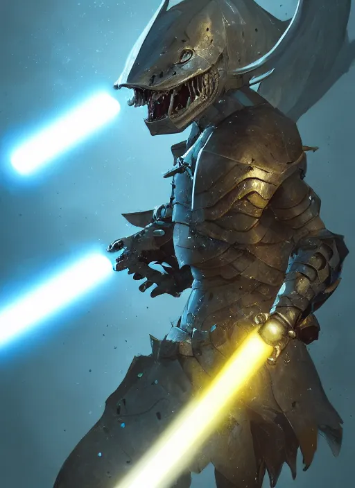 Image similar to portrait of a humanoid shark in knight armor holding a lightsaber, fantasy, d & d, heartstone, digital painting, volumetric light, intricate, sharp, focus, bloom, illustration, highly detailed, concept art, matte, ruan jia, randy vargas, greg rutkowski