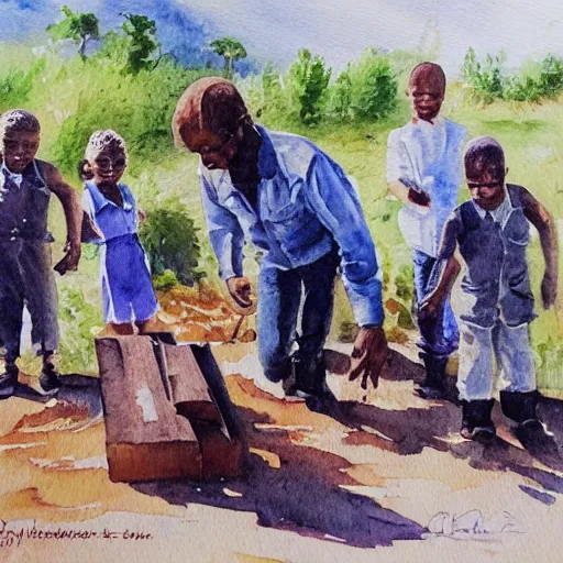 Image similar to knife maker in south africa with a 4 x 4 and a detective partner and 6 kids in the watercolour style painting