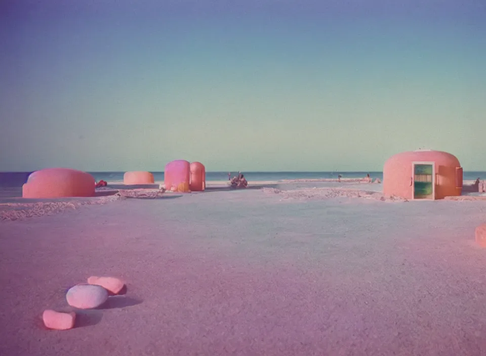 Prompt: a pastel coloured vintage family holiday photo of an empty beach from an alien dreamstate world with chalky pink iridescent!! sand, reflective lavender ocean water, dim bioluminescent plant life and an igloo shaped shiny plastic festival stage and large sound system with transparent frosted panels!! glare. refraction, volumetric light.