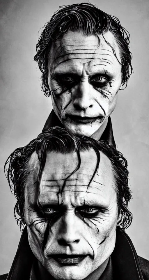 Prompt: mads mikkelsen as the joker, portrait, photograph, poster, focus