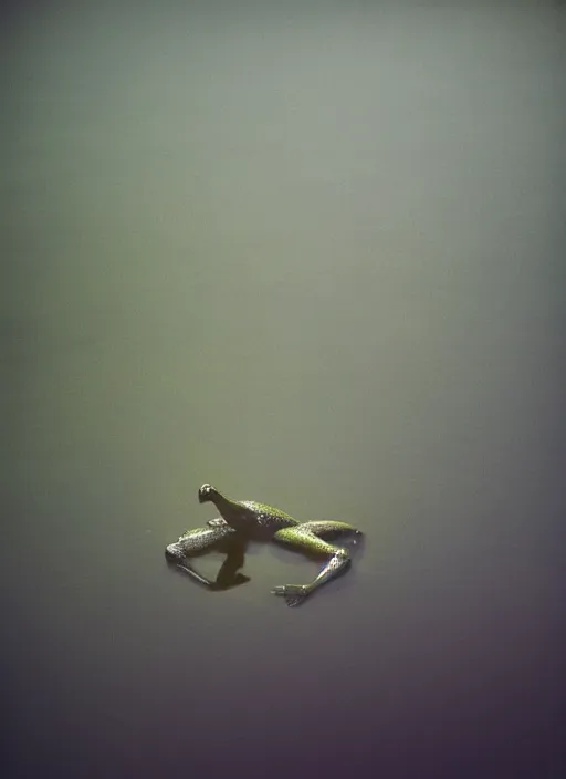 Image similar to semitranslucent smiling frog amphibian floating upside down over misty lake in Jesus Christ pose, cinematic shot by Andrei Tarkovsky, paranormal, spiritual, mystical