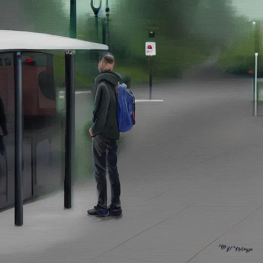 Image similar to a young man waiting at the bus stop in ireland, digital art