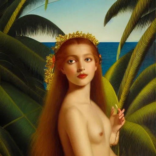 Image similar to a ultradetailed beautiful painting of a girl in the amazonas palace balustrade designed by edward robert hughes, tarsila do amaral, frank weston and gustave baumann, beach, trending on artstation, mediterranean, palm trees, detailed face, sharp focus, soft light, 8 k 4 k