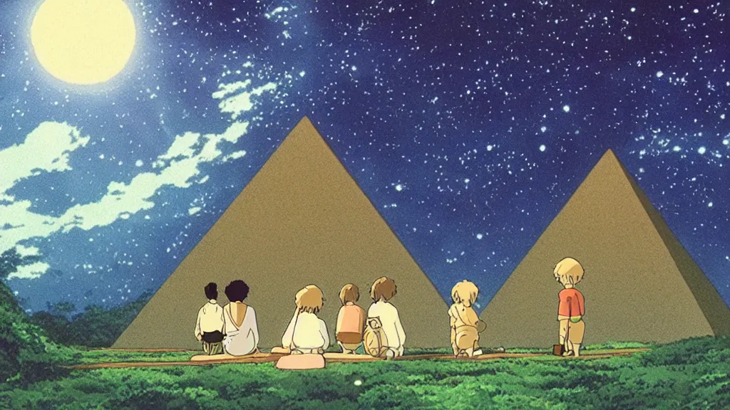 Image similar to a movie still from a studio ghibli film showing a glowing pyramid in the rainforest. a group of giant wizards meditate outside on a misty and starry night. by studio ghibli