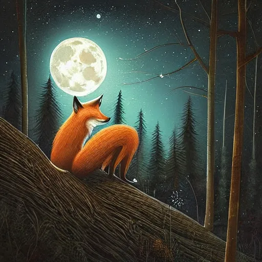 Image similar to “a fox sitting in the woods facing away, looking up at the night sky. The moon shines brightly. digital art, painting, highly detailed, hyper detailed, award winning”