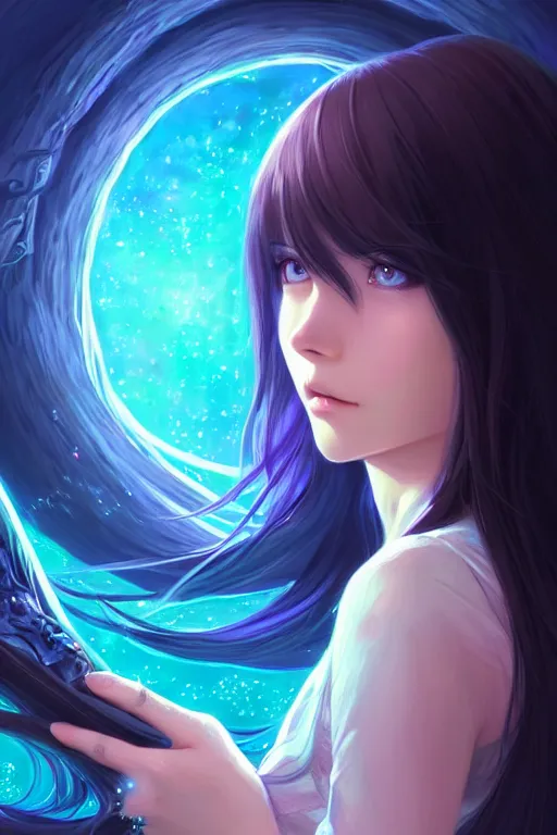 Image similar to a beautiful girl with long dark hair, going through a portal between worlds, intricate, highly detailed, digital painting, artstation, official media, anime key visual, concept art, rich vivid colors, ambient lighting, sharp focus, illustration, art by Artgerm, Makoto Shinkai, Ilya Kuvshinov, Lois Van Baarle, and Rossdraws