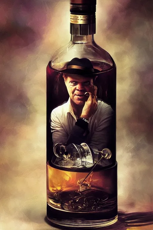 Prompt: imagine a ship in a bottle but instead of a ship a young jack nicholson is in the bottle, jack nicholson, fancy whiskey bottle, masterpiece painting by artgerm and greg rutkowski