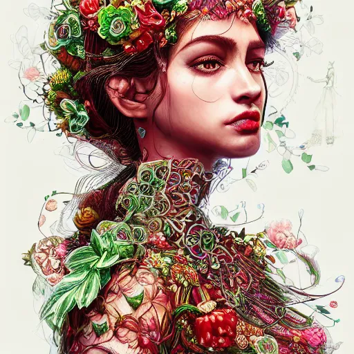 Image similar to the portrait of an absurdly beautiful, graceful, elegant, sophisticated, fashionable ethnic woman made of strawberries and green petals looking up, an ultrafine hyperdetailed illustration by kim jung gi, irakli nadar, intricate linework, bright colors, octopath traveler, final fantasy, unreal engine 5 highly rendered, global illumination, radiant light, detailed and intricate environment