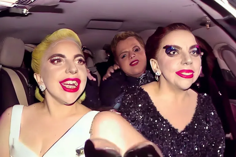 Image similar to lady gaga and judy garland doing carpool karaoke, lady gaga and judy garland, carpool karaoke, lady gaga, judy garland, carpool karaoke, youtube video screenshot, the late late show with james corden