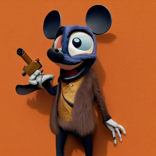 Image similar to 3d anthropomorphic rat, disney pixar, holding tommy gun, velvet, fur coat, high quality, golden necklace, fendi, high fashion