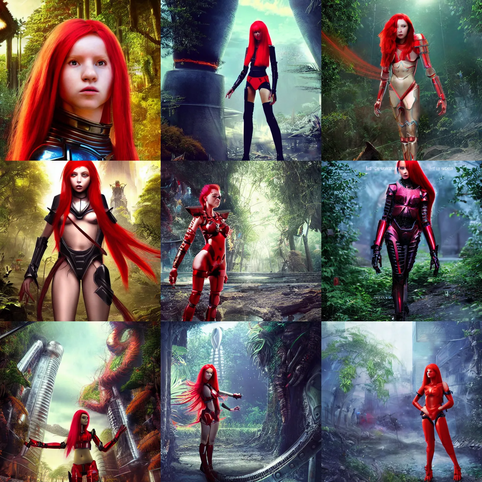 Prompt: young humanoid alien red hair warrior girl in full armor in a futuristic city in the jungle / hyper realistic