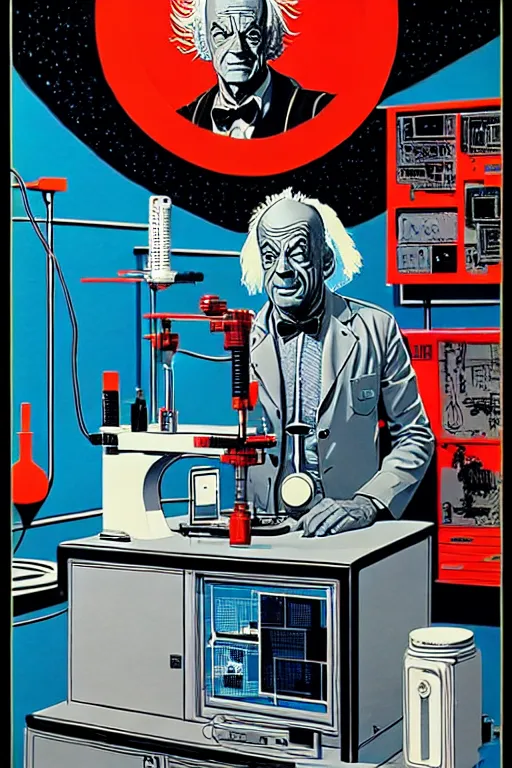 Image similar to doc emmet brown in his lab, high details, intricately detailed, by vincent di fate, inking, 3 color screen print, masterpiece, trending on artstation,, sharp, details, hyper - detailed, hd, 4 k, 8 k