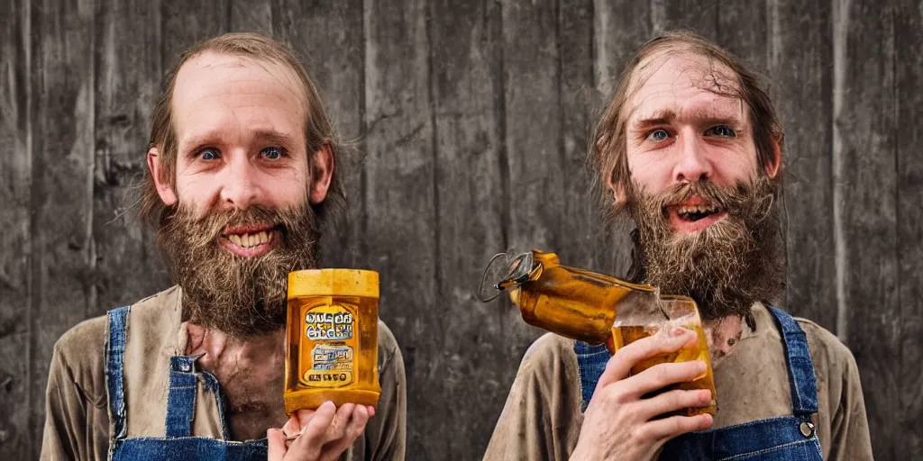 Image similar to extremely skinny malnourished redneck white male with long beard, wearing dirty overalls, dirty greasy face, grin, portrait, close up, he is proudly holding a jug of whiskey, kodak gold 2 0 0, 5 0 mm