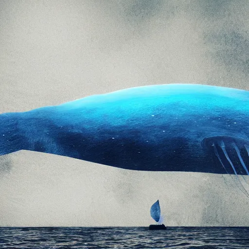 Prompt: A giant blue whale in an empty ocean, the whale has a city of ruin on it's back, fantasy art, cg artist