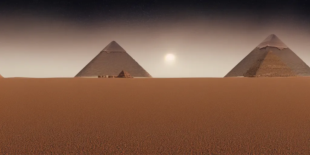 Prompt: a wide desertic landscape with ancient egyptian temple buried in the sun. under a white sky with black stars. a monstrous sphynx between the dunes on gje horizon. photorealistic. artstation. hd.