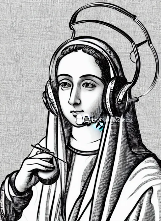 Image similar to digital art of saint catherine of siena recording a podcast wearing headphones 8k UHD detailed, vector art