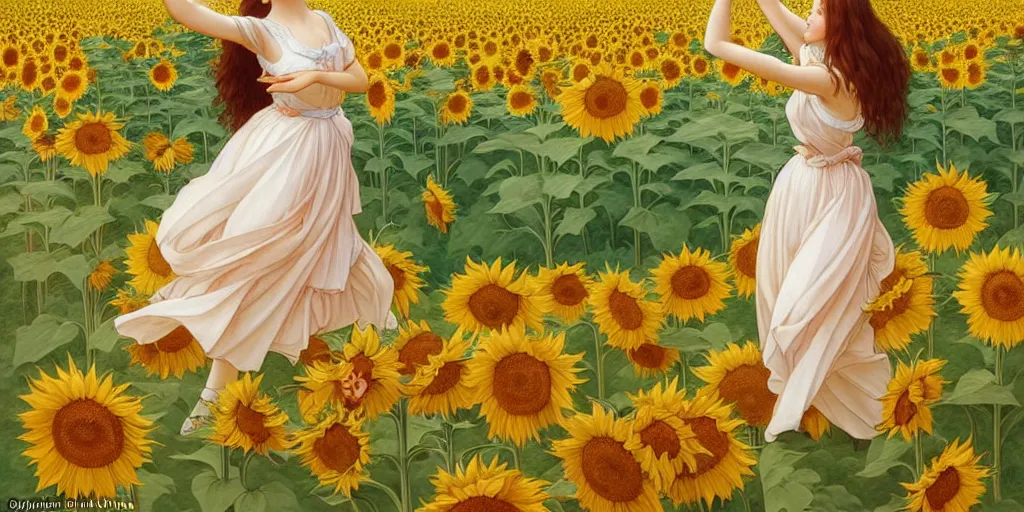 Image similar to beautiful young girl dancing in a fiery dress in a beautiful field of sunflowers and lilies, like leonardo da vinci sketches! in the style of studio ghibli, j. c. leyendecker, greg rutkowski, artgerm