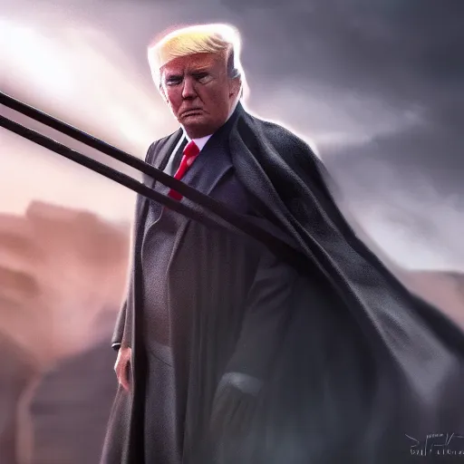 Image similar to a matte painting of Donald Trump as a jedi hero, marvel cinematic universe concept art, good value control, concept art, digital painting, sharp focus, symmetrical, 4k, illustration, rule of thirds, sci-fi, elden ring, centered, moody colors, moody lighting, atmospheric