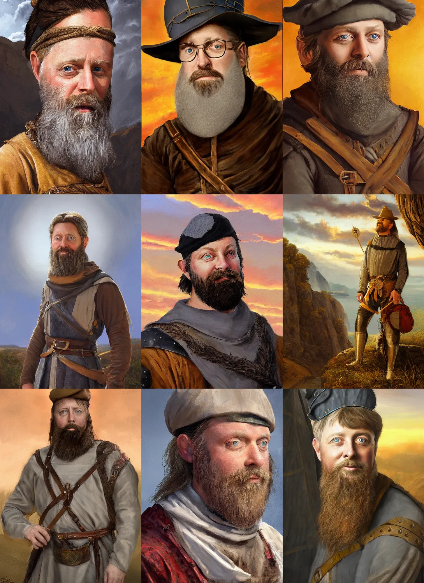 Prompt: a stunning painting of dave foley with a grey ponytail and beard dressed as a medieval explorer, james gurney, digital art, golden hour