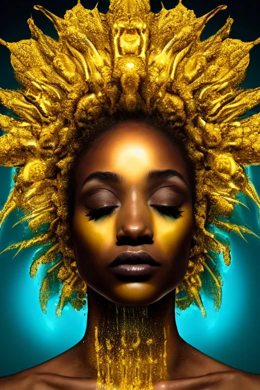 Prompt: hyperrealistic post - dada cinematic very expressive! profile black oshun goddess, head emerging from water, mirror dripping droplet!, gold flowers, highly detailed face, digital art masterpiece, smooth eric zener cam de leon, dynamic pearlescent teal light, low angle uhd 8 k, sharp focus