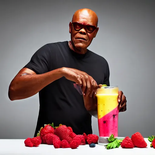 Prompt: samuel l jackson making a smoothie, professional studio photography, 4 k