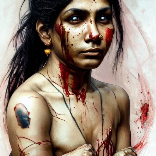 Image similar to portrait painting of a muscular bloodied indian girl butcher, tattooed, symmetric, fat, ultra realistic, concept art, intricate details, eerie, highly detailed, photorealistic, octane render, 8 k, unreal engine. art by artgerm and greg rutkowski and alphonse mucha