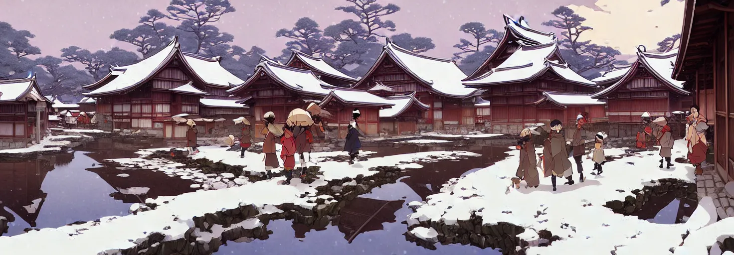 Image similar to japanese rural town, winter, in the style of studio ghibli, j. c. leyendecker, greg rutkowski, artem