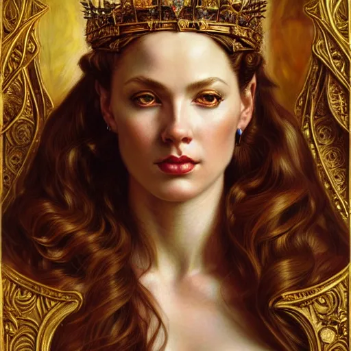 Image similar to highly detailed portrait of a majestic lioness queen in the form of a beautiful woman. d & d. art by donato giancola, eugene delacroix, anna dittmann, alberto vargas. trending on artstation, intricate details, energetic composition, golden ratio, concept art, illustration, elegant art, global illuminaition