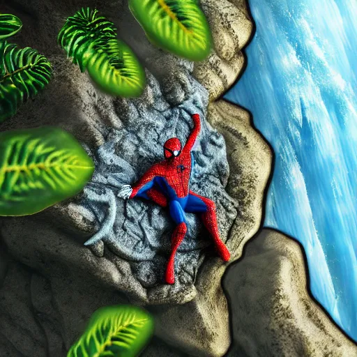 Image similar to spiderman frozen in carbonite, ultra realistic, intricate details, highly detailed, photorealistic, 8 k, vegetation, water, cave