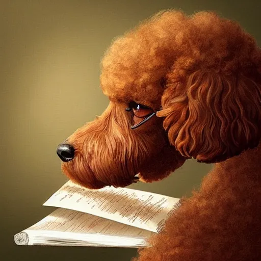 Image similar to “portrait of a poodle reading a book, artstation, high detailed”