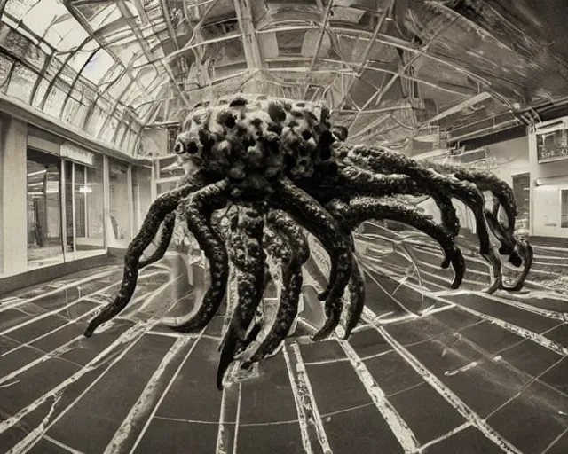 Image similar to camera footage of a extremely aggressive Giant mutated Octopus with glowing white eyes, Mutated Human Features, Human Spine, Organic Lure, in an abandoned shopping mall, Psychic Mind flayer, Terrifying, Human Silhouette :7 , high exposure, dark, monochrome, camera, grainy, CCTV, security camera footage, timestamp, zoomed in, Feral, fish-eye lens, Fast, Radiation Mutated, Nightmare Fuel, Ancient Evil, Bite, Motion Blur, horrifying, lunging at camera :4 bloody dead body, blood on floors, windows and walls :5