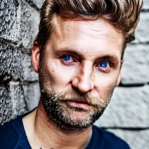 Image similar to close up of face of 4 0 year old anglo slavic - hebrew blond man with blond stubble, very short wavy blond hair in a short pompadour style, very dark blue eyes, portrait, 4 k