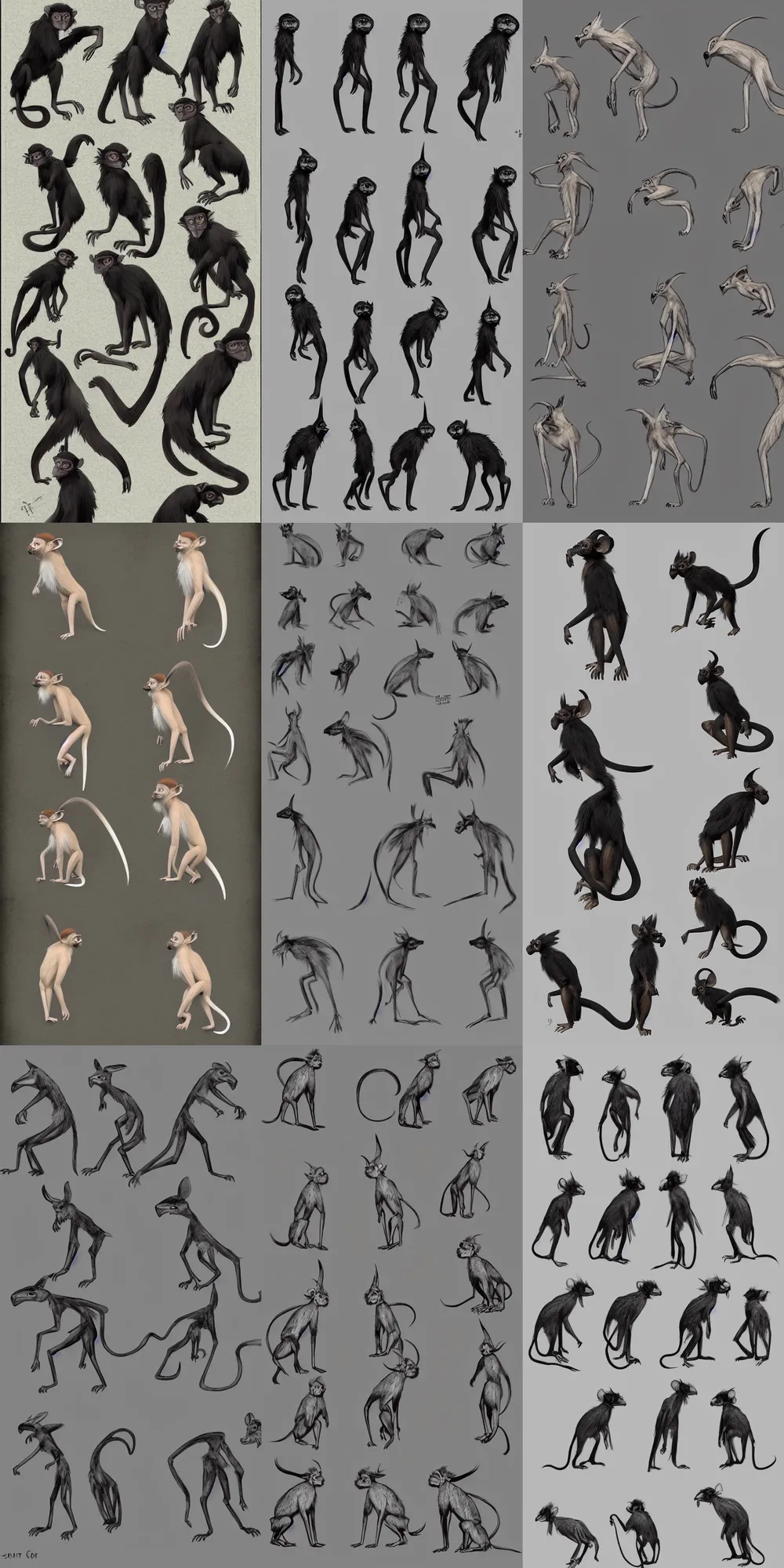 Prompt: long - eared monkey - crow creatures, contact sheet, pose sheet, concept art, poses, studies