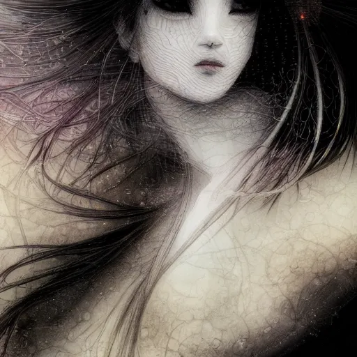 Image similar to yoshitaka amano blurred and dreamy realistic illustration of a young japanese woman with black eyes, wavy white hair fluttering in the wind wearing elden ring armor with engraving, abstract patterns in the background, satoshi kon anime, noisy film grain effect, highly detailed, renaissance oil painting, weird portrait angle, blurred lost edges, three quarter view