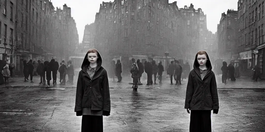 Image similar to sadie sink in hoodie at umbrella stand in ruined square, pedestrians on both sides ignore her, old tenements in background : grainy b & w 1 6 mm film, 2 5 mm lens, medium shot from schindler's list by steven spielberg. cyberpunk, steampunk. cinematic atmosphere and composition, detailed face, perfect anatomy