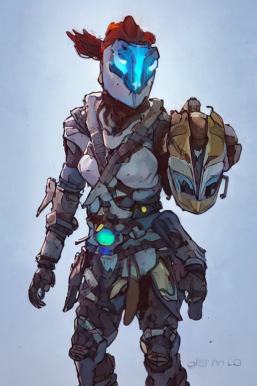 Image similar to combination suit armor aloy horizon forbidden west horizon zero dawn robot ninja mask helmet backpack tribal, art gta 5 comics, official fanart behance hd artstation by jesper ejsing, by rhads, makoto shinkai and lois van baarle, ilya kuvshinov, ossdraws radiating a glowing aura cgi rtx 2 0 2 2