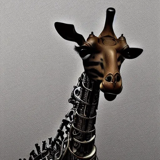 Image similar to a steampunk robotic giraffe, dark background, super - detailed, photo - realistic,