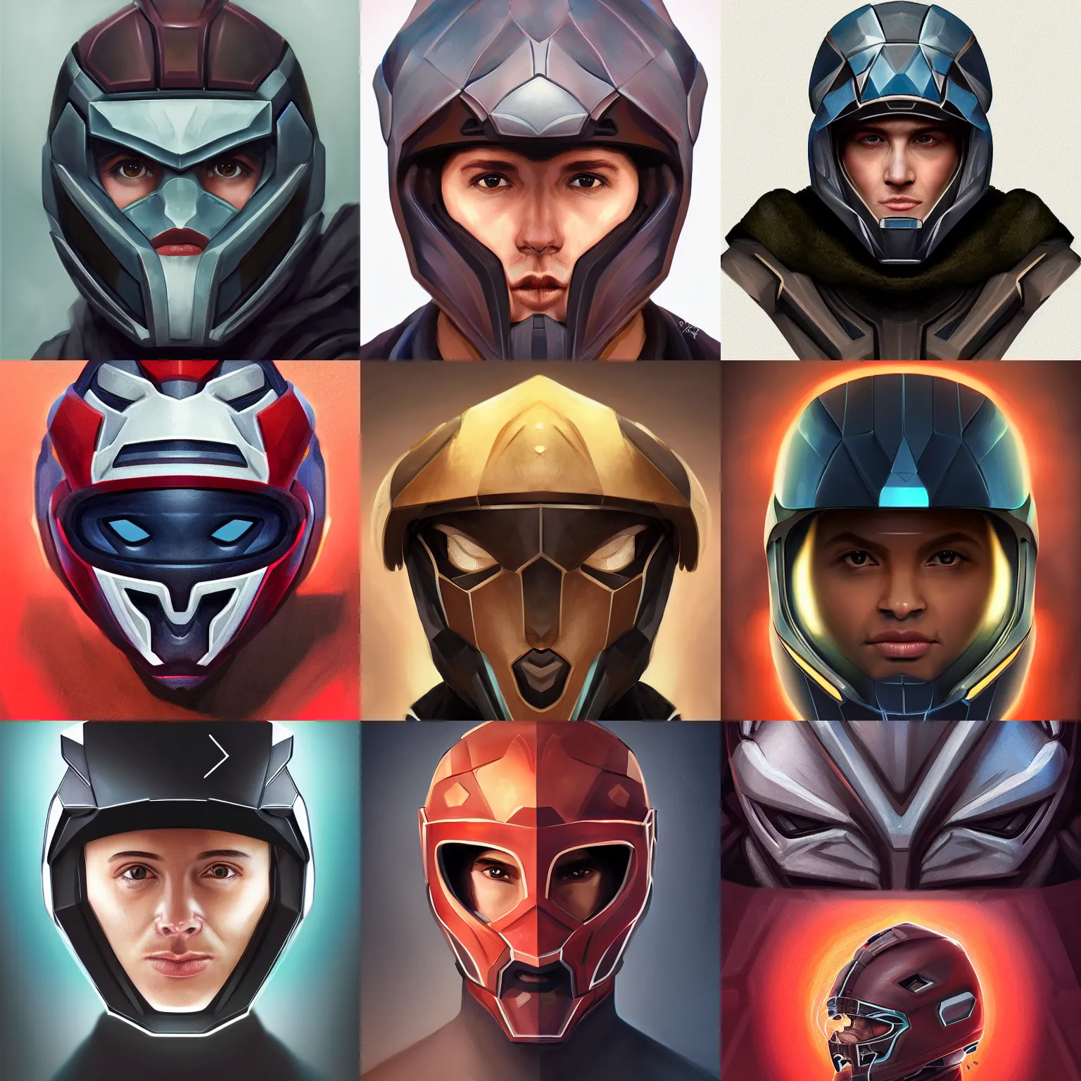 Prompt: headshot portrait of a realistically proportioned face in a hextech helmet, realistic face details, smooth, highly detailed portrait, digital painting, smooth, sharp focus, illustration, in the style of studio fortiche