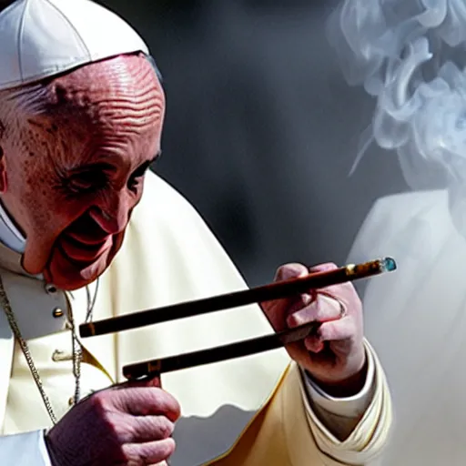 Prompt: photo of the Pope smoking a bong, 50mm, beautiful photo