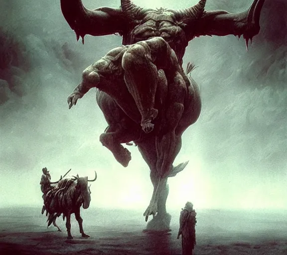 Image similar to minotaur concept, bull headed, full body concept, beksinski, wayne barlowe, adrian smith fantasy art, the hobbit art, lord of the ring art, the witcher concept art, trending on artstation, game of throne art