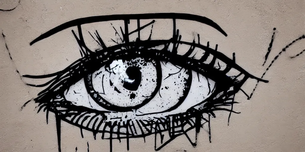 Prompt: aesthetic, beautiful symmetric eyes with heavy goth makeup, cyberpunk, flat color, minimal, large spray graffiti on a wall by famous london graffiti artist